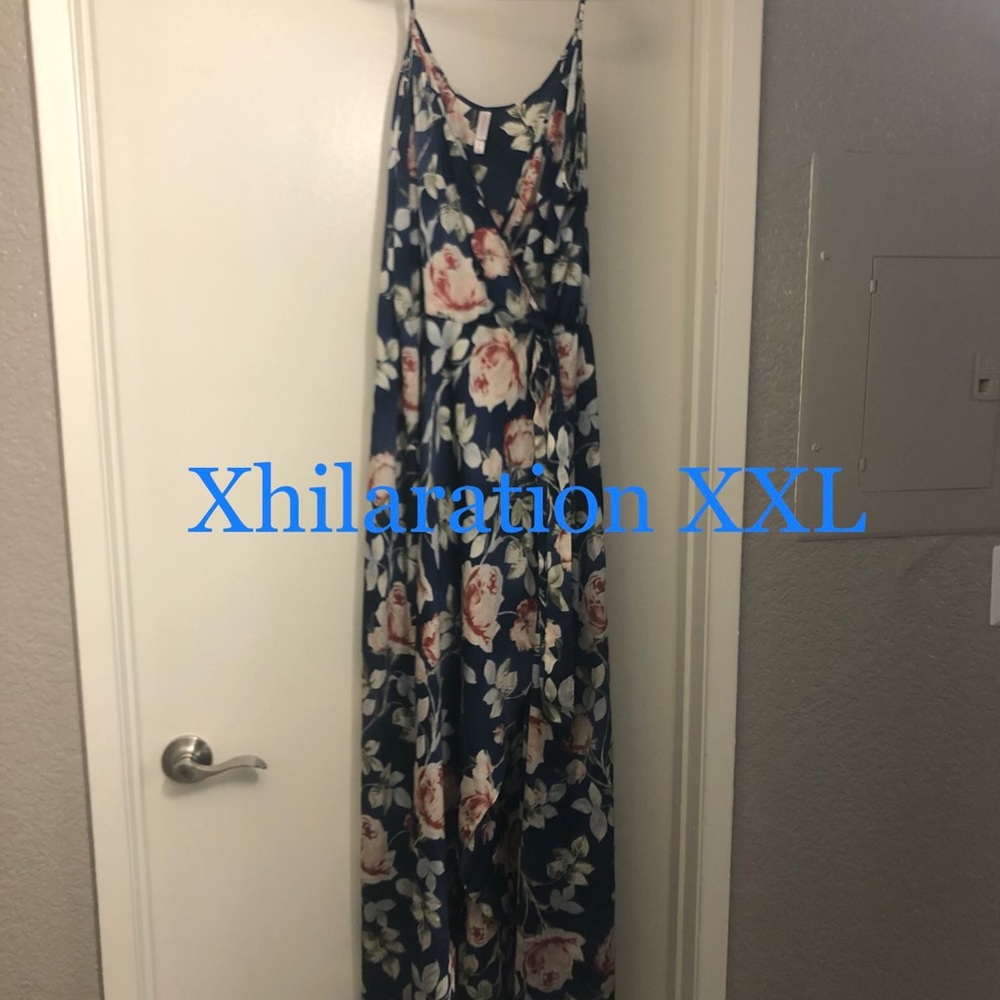 Blue satin floral spaghetti strap summer dress